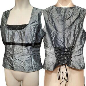 Vintage 90s Sleeveless Corset Top Juniors 13 Silver Black Trim Bow Lace Up